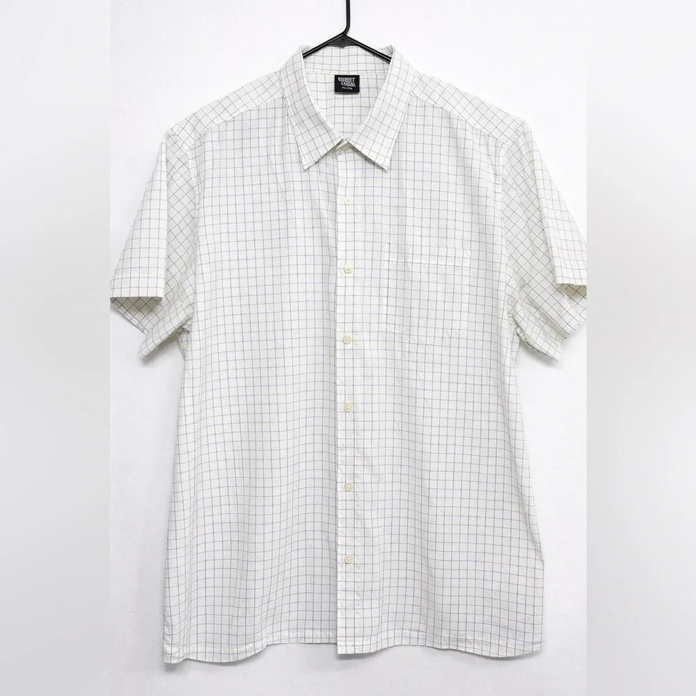 Casual White and Blue Grid Men's Shirt - Picture 1 of 7